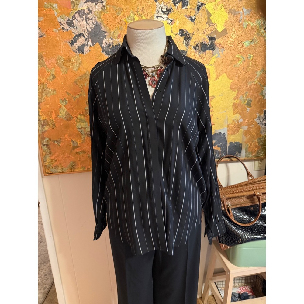 Fabulous Ruti Black & White Striped Button Down Cold Shoulder Blouse Med